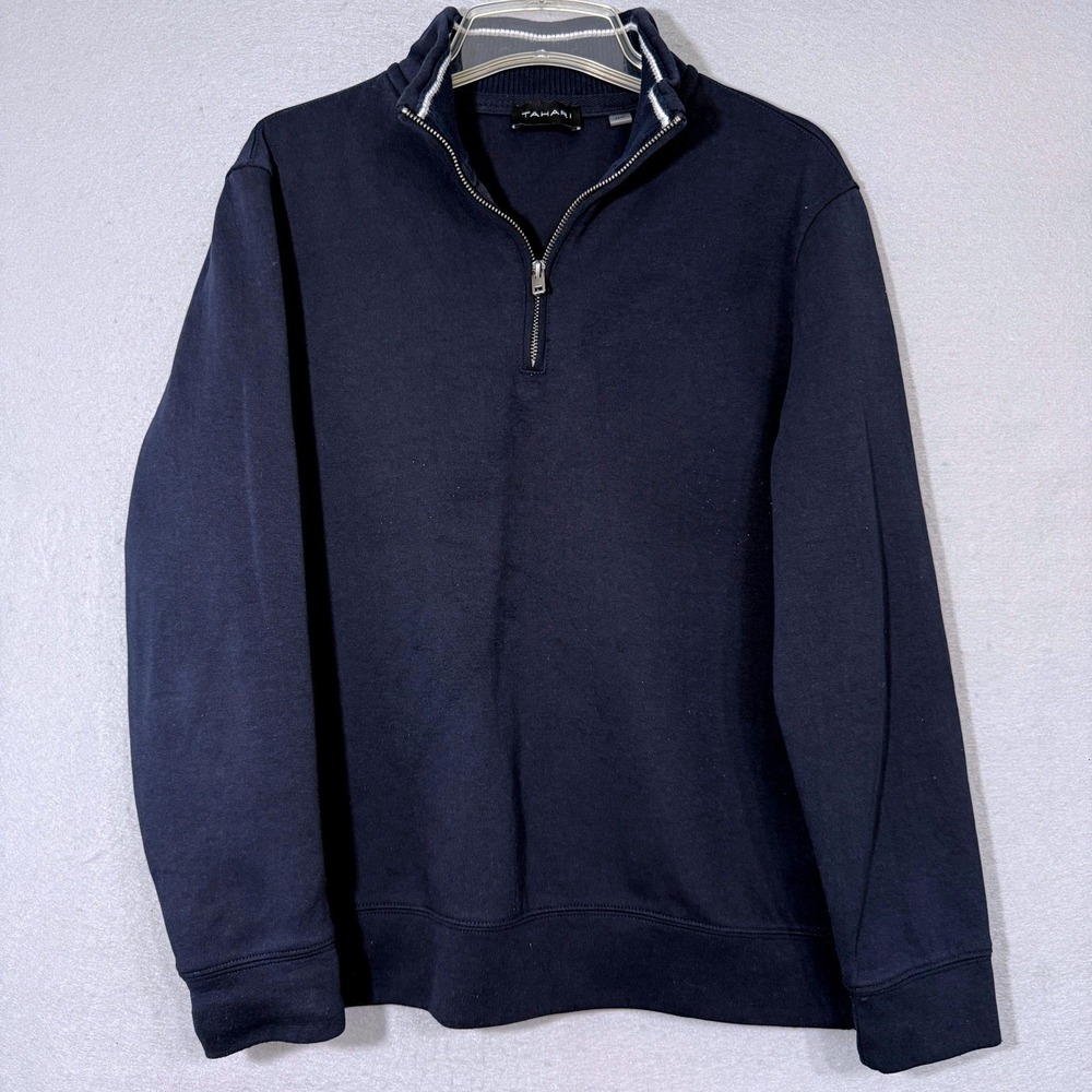Tahari Mens Navy‎ Blue Quarter Zip Pullover Size M Casual Minimalist Preppy